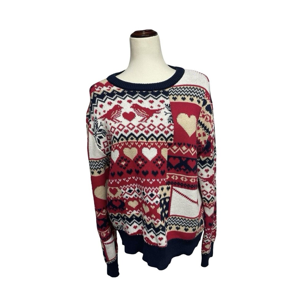 Kiel James Patrick Love Birds Fair Isle Cabin Sweater Blue Red Tan Hearts Medium